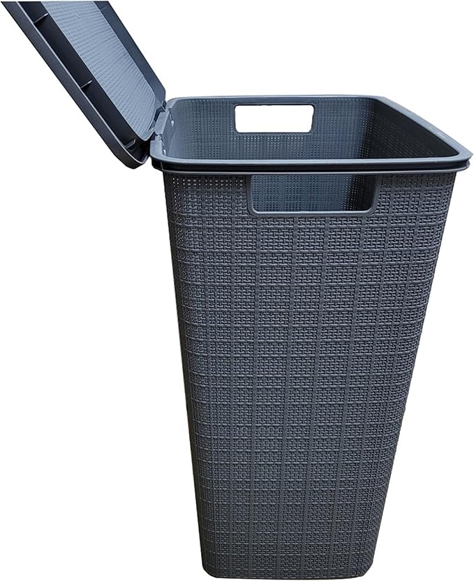 YBM Home Plastic Rattan Laundry Hamper Basket with Hinged Lid, Ventilation Holes, Durable, Lightweight Bin With Cutout Handles, Storage Dirty Clothes, Space Saver, 16.75" x 13.5" x 23.75", Grey,6-Pack