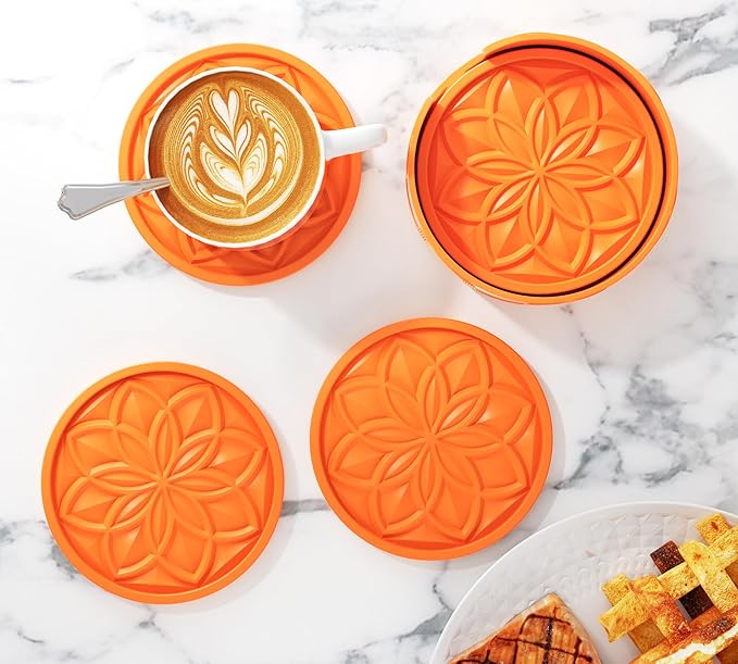 HFHOME Silicone Coasters Set with Holder - 6 Pack Drink Coasters for Coffee Table, Bar Tabletop Protection - Orange
