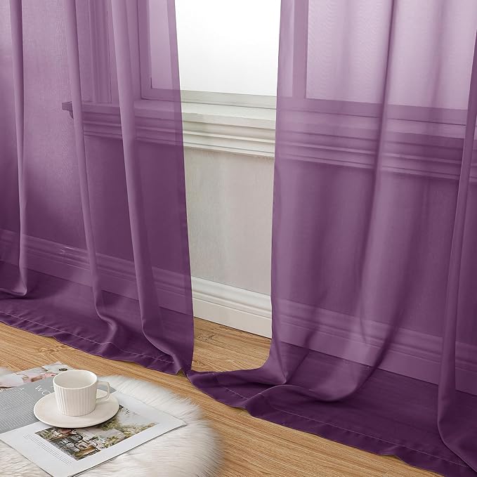 Aiyufeng Plum Purple Sheer Curtains 90 Inches Long 2 Panels, Solid Voile Top Dual Rod Pockets Stylish Breathable Drapes Window Treatment for Kid's Room/Bedroom/Living Room, 42W x 90L inches