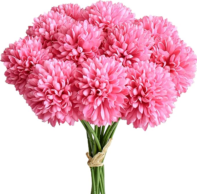 Mandy's Hot Pink Artificial Ball Chrysanthemum 12 Stems Faux Flowers with Bendable Stems for DIY Wedding Centerpiece Fall Decor Home Arrangements