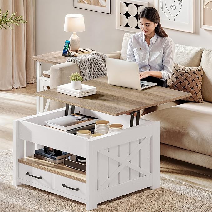 YITAHOME Square Lift Top Coffee Tables for Living Room, Farmhouse Coffee Table with Storage, Small Coffee Tables with 2 Drawers Lifting Top, Wooden Center Table for Home, Grey Wash