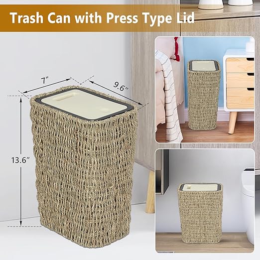 Boho Trash Can with Lid,3 Gallon Small Rattan Trash Can with Press Top Lid,Slim Wicker Waste Basket and Hamper 2 in 1 for Bathroom,Seagrass Woven Garbage Can Trash Basket for Bathroom,Kitchen