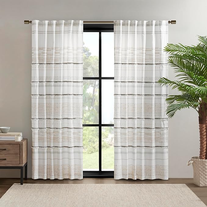 INK+IVY NEA 100% Cotton Single Panel Curtain Stripes Tassels Trim Boho Design Rod Pocket Top Drape for Living Room, Privacy Window Treatment for Bedroom, 50" x 84", Off White/Gray