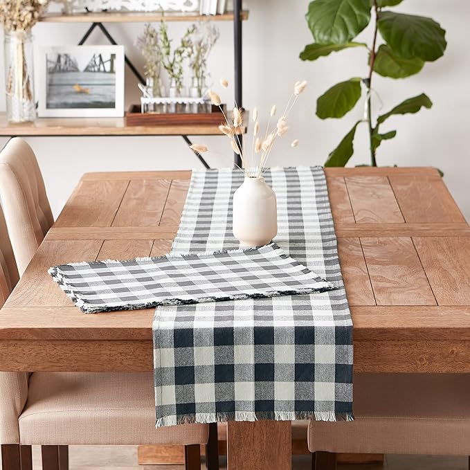 DII Heavyweight Fringed Check Tabletop Collection, Table Runner, 14x72, Mineral