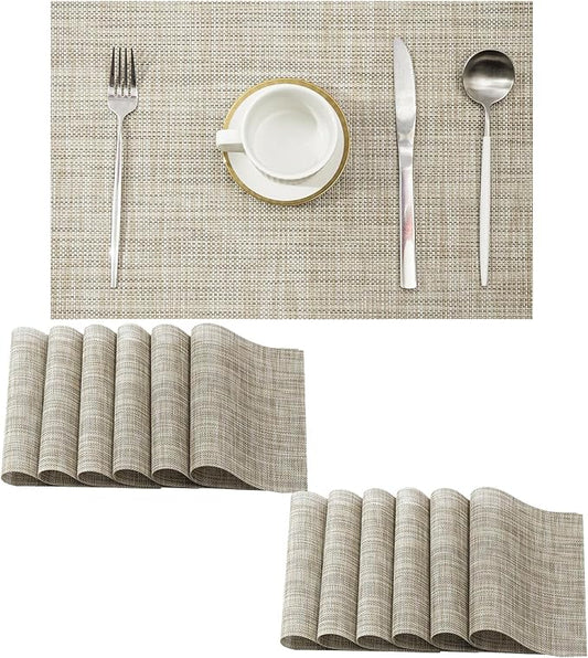 Leetaltree Linen Yellow Placemats Set of 12 - Heat Resistant Non-Slip Place mats for Dining Table, Washable Durable PVC Vinyl Woven Table Mats(Linen Yellow, 12)