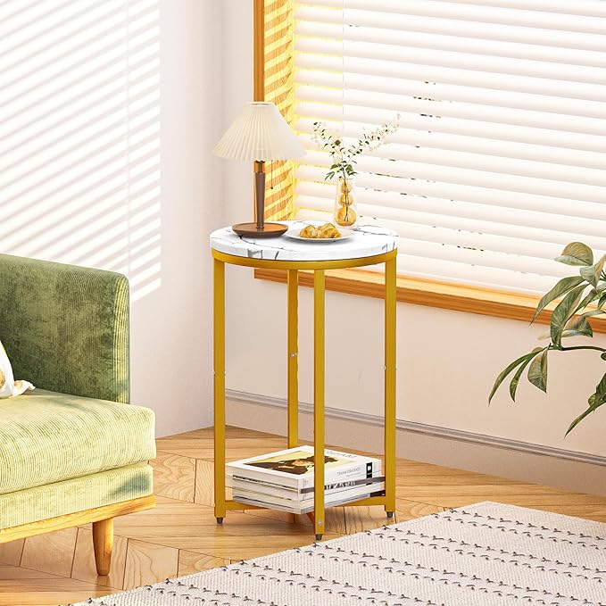 DKLGG Modern Gold Side Table Set of 2, Small Coffee Table Round End Table with Gold Frame, Marble Side Table Bedside Table for Living Room, Bedroom, Small Space, 16" D*24" H
