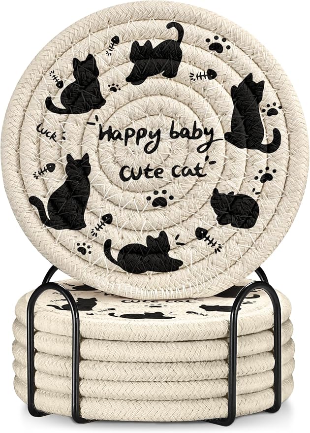 Cup Coasters for Drinks Absorbent - for Coffee Wooden Table Office Cute Farmhouse Outdoor Rustic Desk Kawaii Woven Women Kids Soft Cloth Braided Fabric Cartoon Cat Coaster Set of 6 with Holder