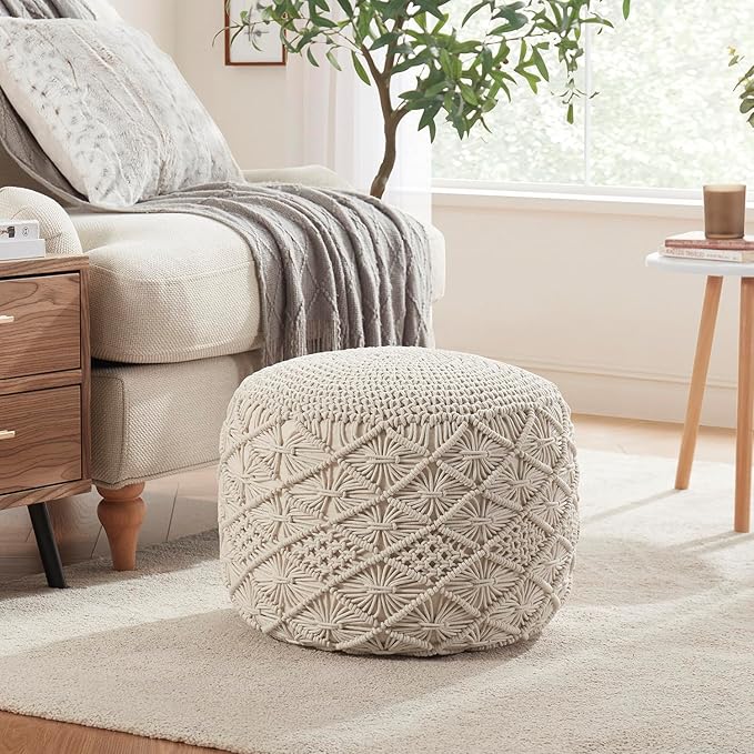 Ornavo Home Pouf Ottoman Foot Rest - 100% Cotton Pouffe - Hand Knitted Macrame Braid - Boho Round Stuffed Ottoman for Living Room, Bedroom - Natural