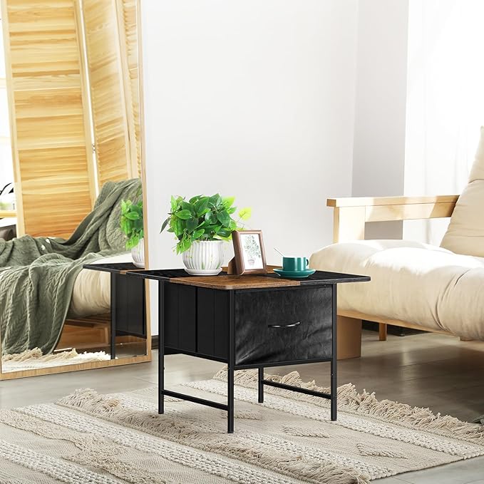 Small Storage Coffee Tables for Living Room Rustic Square Coffee Table with 2 Fabric Drawers Wooden Center Table Tea Table for Living Room Bedroom Small Spaces Guest Room Balcony, Brown and Black