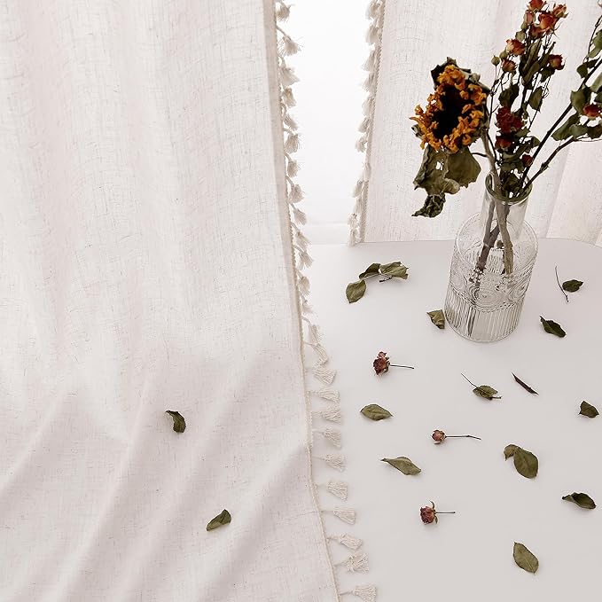 Boho Linen Curtains 90 Inches Long 2 Panels Cream Beige Semi Sheer Curtains Tassel Rod Pocket Back Tab Top Light Filtering Neutral Farmhouse Curtain for Living Room Bedroom 38x90