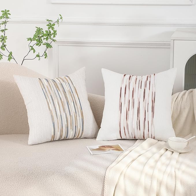 Tosleo Decorative Throw Pillow Covers 18x18 inch Set of 2 Boho Chenille Tufted Pillow Cover Textured Pillow Covers Striped Pillow Cases Accent Pillow Cases Farmhouse Cushion Case,Yellow and Blue