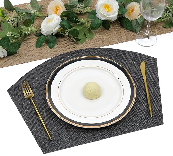 SHACOS Large Size Wedge Placemats with Centerpiece Round Mat Set of 5 Round Table Place Mats Washable Dining Table Placemats Reversible Durable, Black Gray