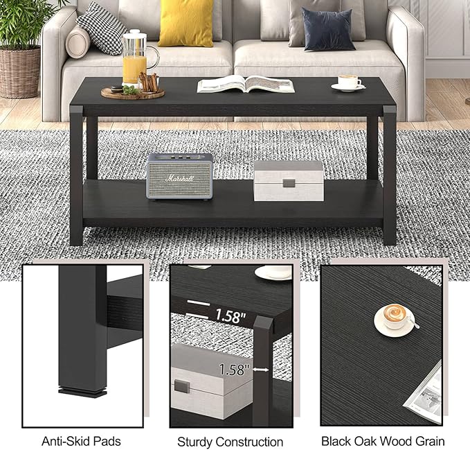 EXCEFUR Black Coffee Table, Modern Rustic Wood Center Table for Living Room, Industrial Rectangle Cocktail Tea Table with Storage Shelf