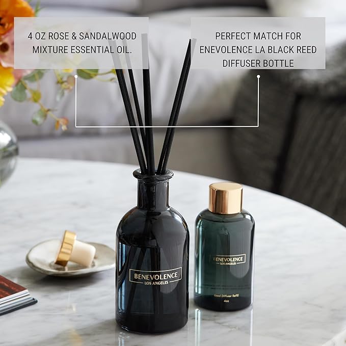 Benevolence LA Rose & Sandalwood Reed Diffuser Oil Refill | Long Lasting Home Fragrance for Bathroom and Bedroom | Essential Oils for Relaxation - 4 oz
