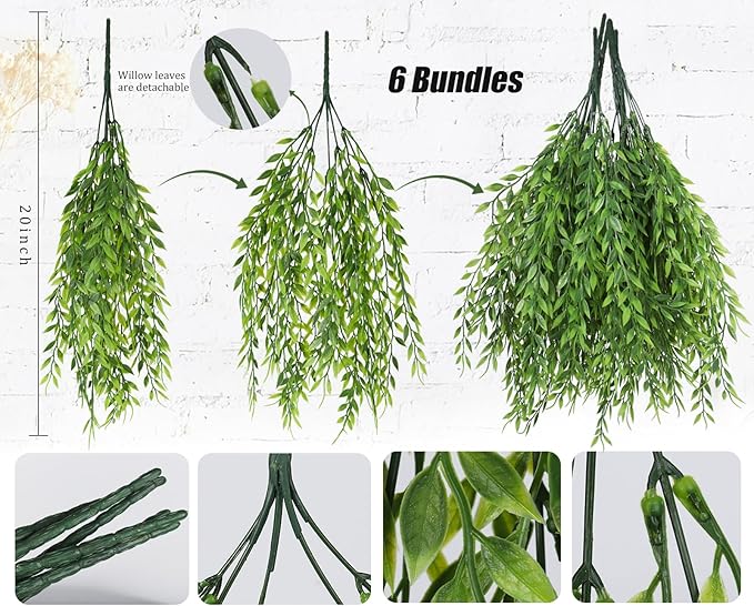 Artificial Weeping Willow 6Pcs, Plastic Plants Greenery Leaves Twig Fake Hanging Vine Faux Ivy Garland UV Resistant for Indoor Outdoor Home Garden Wall Baskets Wedding Party Table Planter Filler Decor