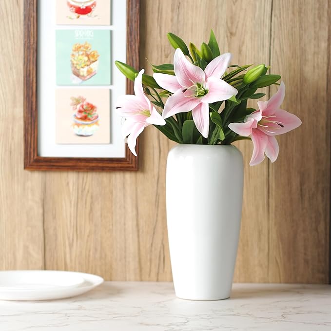Hosley Set of 2 White Ceramic Vases - 10 Inches High, Ideal for Coffee Table Room Decor, Home Decor, Weddings, Spa, Meditation, Reiki, Floral Arrangements, Home Office Accents