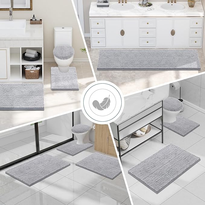 Smiry Luxury Chenille Bath Rug 36''x24'', Extra Soft and Absorbent Shaggy Bathroom Mat Rugs, Machine Washable, Non-Slip Plush Carpet Runner for Tub, Shower, and Bath Room, Light Grey
