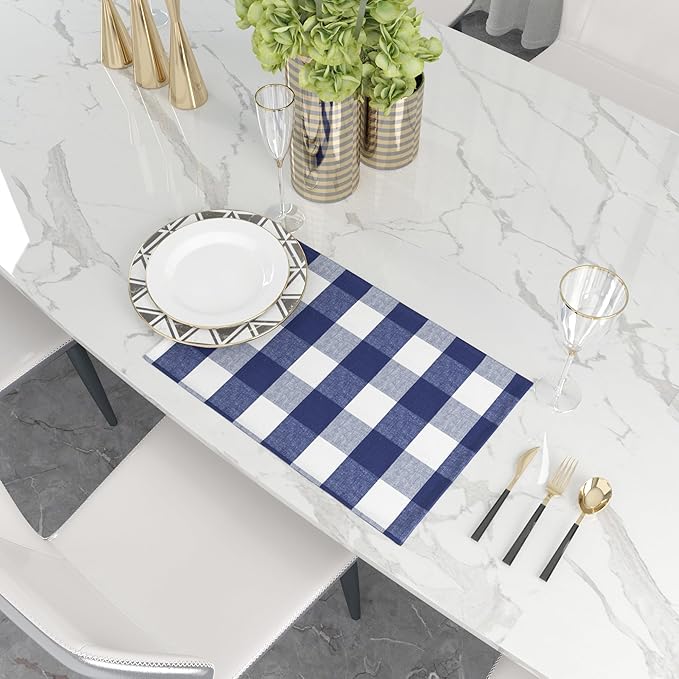 Navy & White 2 Side Cotton Buffalo Check Farmhouse Placemats Set of 4 Heat Resistant Dining Table Place Mats for Kitchen Table, 12 x 18 inches