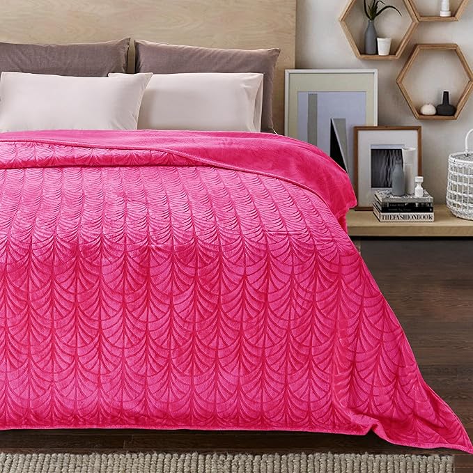 Whale Flotilla Flannel Fleece Queen Size Blanket for Bed, Soft Fluffy Velvet Bedspread Coverlet with Decorative Vintage Pattern for All Season, Warm and Lightweight, 90x90 Inch, Hot Pink