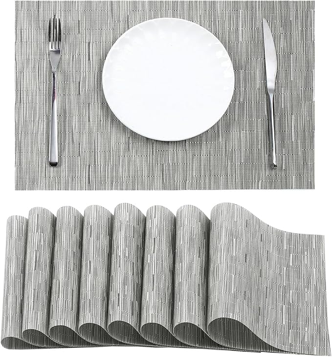 Leetaltree Silver Placemats Set of 8 - Heat Resistant Non-Slip Place mats for Dining Table, Washable Durable PVC Vinyl Woven Table Mats(Silver, 8)