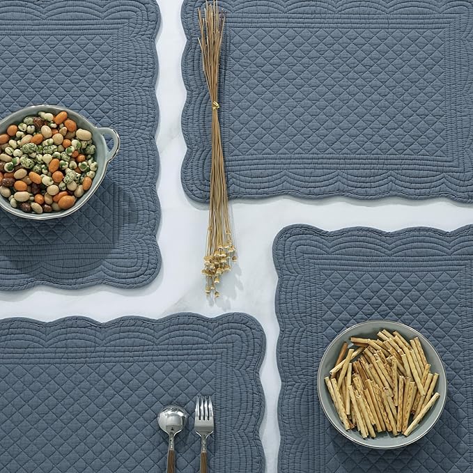 HOMBYS Quilted Placemats Set of 6 Washable-13x18 inches Rectangular Placemats for Kitchen Table-100% Cotton Fabric Rectangular Table Mats, (Blue)