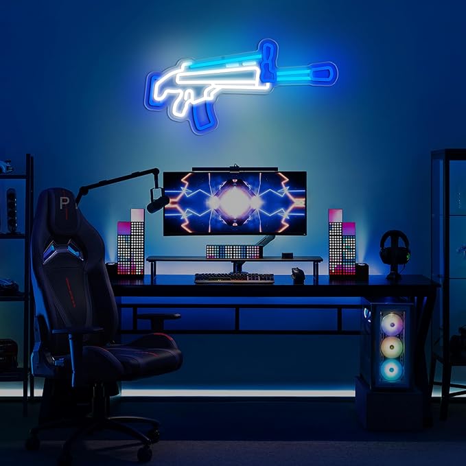 Gun Neon Sign, Game Neon Signs for Wall Decor, Dimmable Acrylic Neon Lights for Gamer Room Man Cave Bedroom Bar Pub Playroom Commercial Streets Party Decorations
