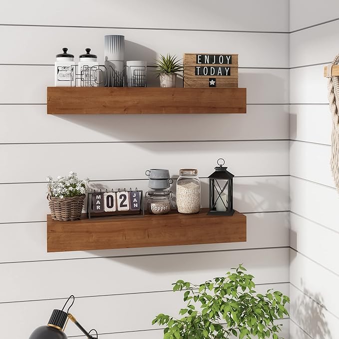 Wall Floating Shelves, Rustic Wood Wall Shelf Handmade (Light Walnut, 24 Inch - 2 Pack)