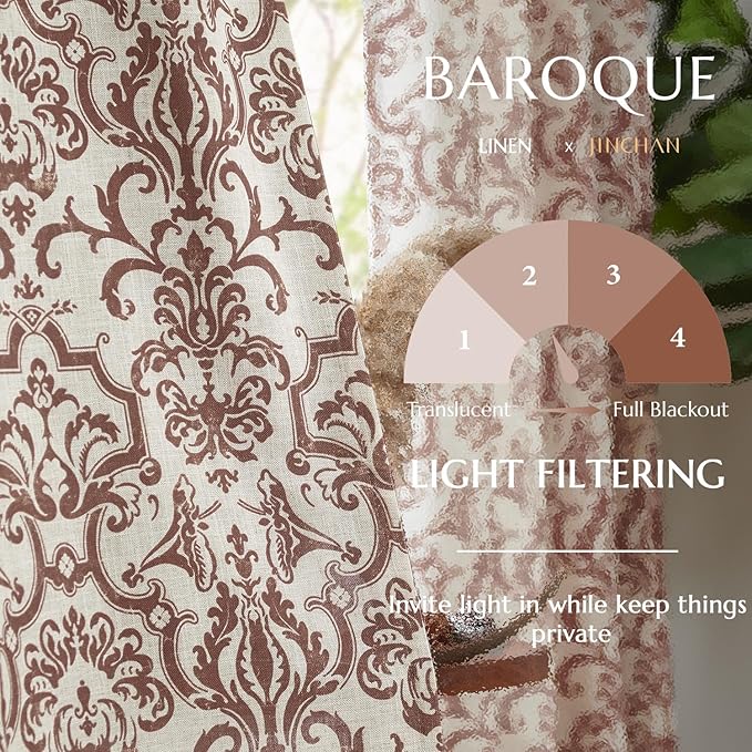 jinchan Linen Curtains for Bedroom Brown Damask Patterned 90 Inches Long for Living Room Light Filtering Vintage Curtains Baroque Style Drapes Grommet Window Treatments 2 Panels Set