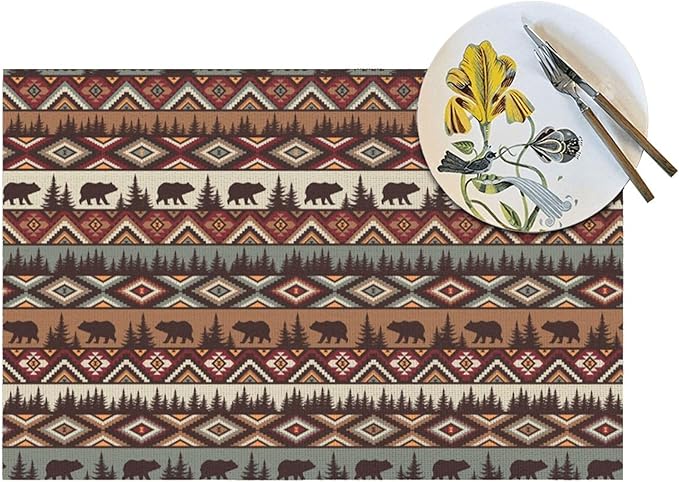 Vintage Rustic Placemats Bear Mountain Dining Table Mats Set of 4 Linen 12x18 Inch for Washable Holiday Party Dining Mat for Outdoor Farmhouse Home Kitchen Decor