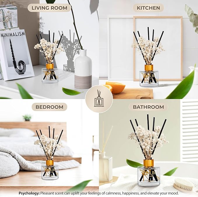 Flower Reed Diffusers for Home with 1 Bamboo Double Essential Oil, 3.4 oz (100ml) - Elegant Reed Diffuser Set with 5 Sticks for Home Decor, Bathroom, Any Room, Housewarming Gift