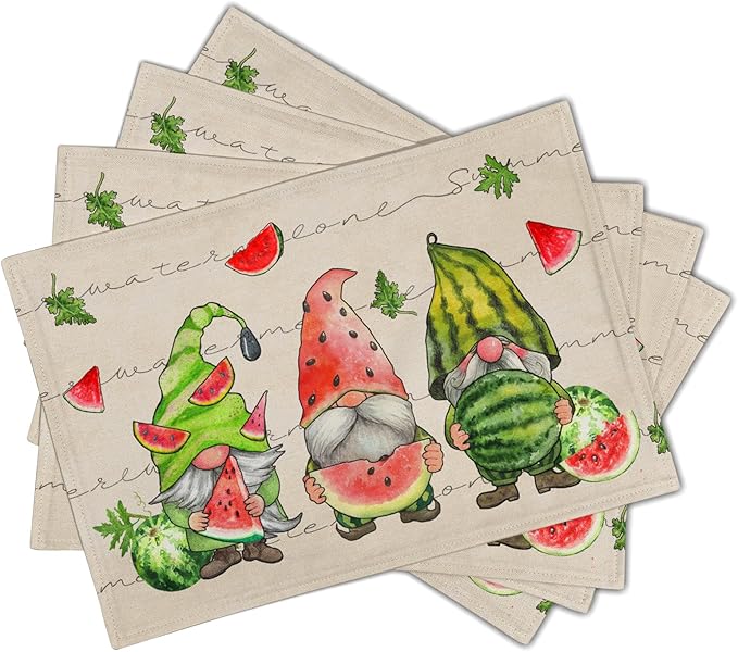 Summer Watermelon Gnomes Placemats Set of 4 12 x 18 Inch,Watercolor Red Watermelon Washable Kitchen Mats Seasonal Place Mat for Kitchen Dining Table Decor