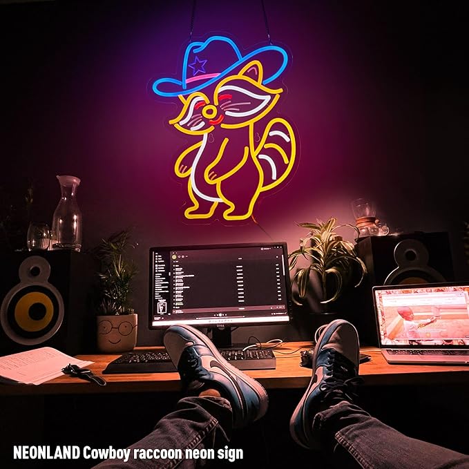 Cowboy Racoon Neon Sign Raccoon Neon Light Cowboy LED Sign USB Powered Dimmable Art Signs for Bar Pub Store Man Cave Kids Room 16.2 X 12.6 inch