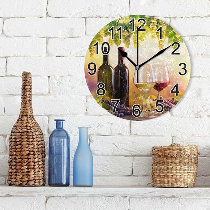 Bottles Wine Glasses Grapes Sunset Wall Clock Non Ticking Silent Kitchen Clock Large Battery Operated Clocks 10 inch for Living Room Bedroom Decor