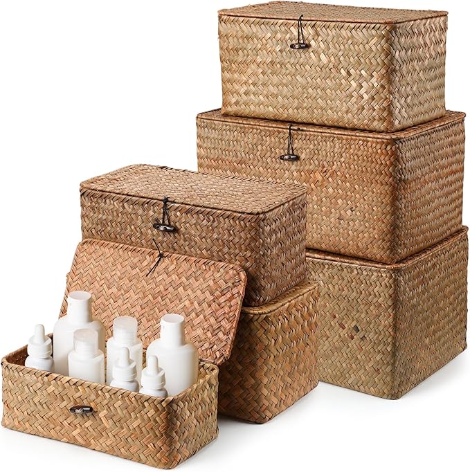 Kigley 6 Pcs Seagrass Basket with Lid Wicker Storage Decorative Boxes with Lids Bin Woven Organizer for Shelf Closet Bedroom, 6 Sizes(Classic Style,Dark Brown)