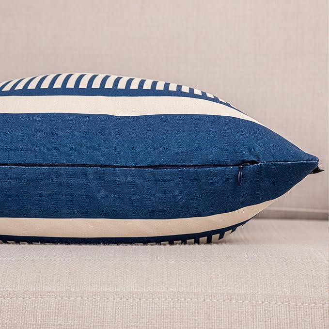 Farmhouse Stripe Pillow Cover 18x18 Boho Accent Cushion Case Faux Leather Decorative Pillowcase,Navy Blue and Beige (Cover ONLY, Pack of 2)