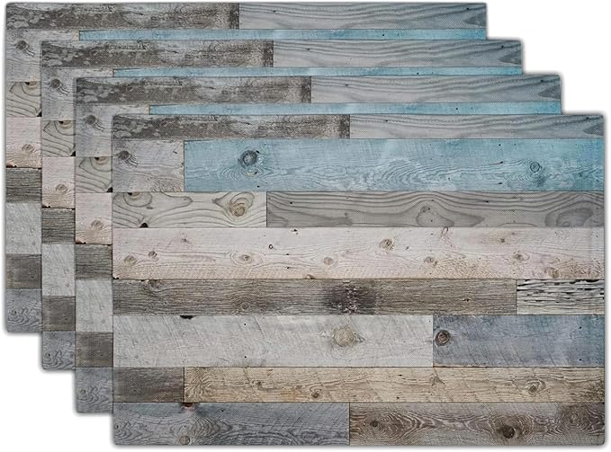 Giwawa Rustic Wood Grain Placemats Set of 4, Vintage Barn Wooden Linen Table Mat, Farmhouse Country Style Lodge Heat Resistant Washable Place Mats for Dining Kitchen Party Holiday Decor 12x18Inch