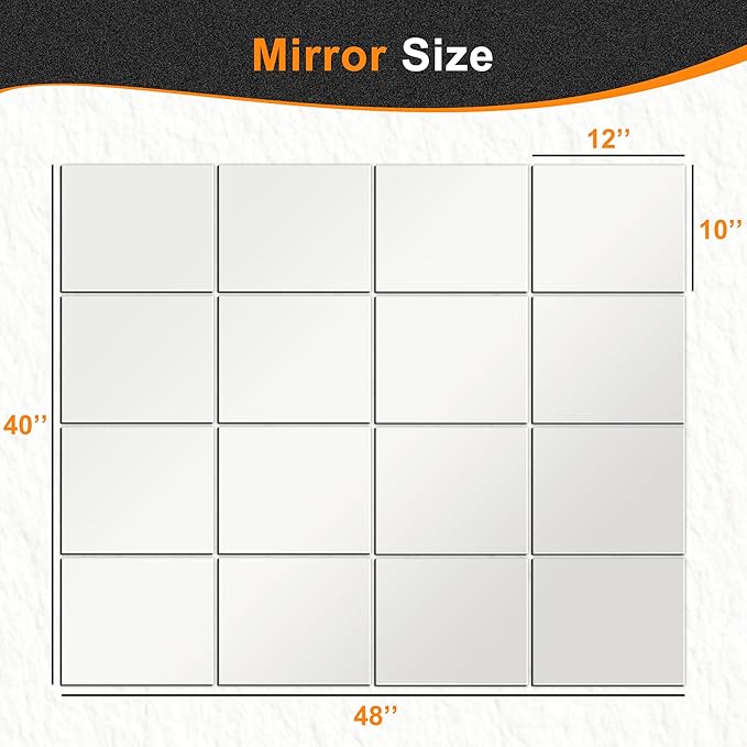 Delma Frameless Mirror Tiles 12"x10"x16 Pcs Wall Mounted, Shatter Resistant Full Length Tempered Glass Panels for Home Gym Bathroom Bedroom & Living Room Decor