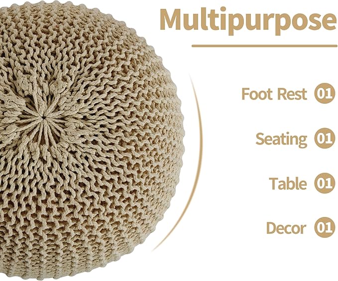HOMBYS Unstuffed Ottoman Pouf Cover, 100% Cotton Handmade Knitted Ottoman Pouf Cover Round Foot Stool, Floor Bean Bag Chair, Foot Rest Storage for Living Room Bedroom, Khaki(Cover ONLY NO Filler)
