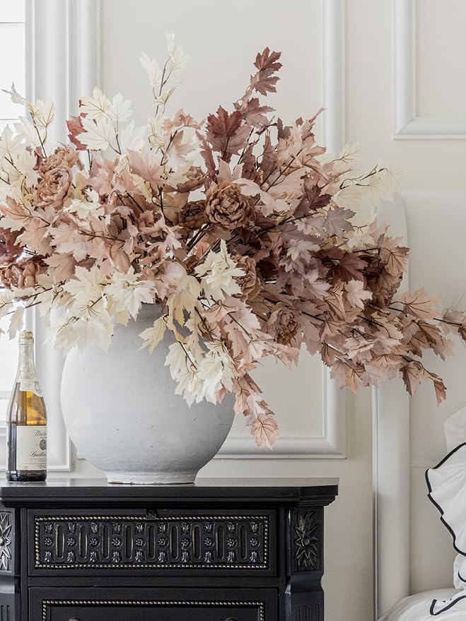 MISSPIN 11 Pack 38 inch Artificial Fall Maple Leaf Stems, Beige Maple Leaf Fall Branches for Vases Centerpieces Autumn Harvest Festival and Thanksgiving Day