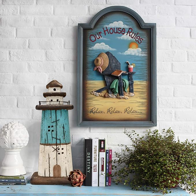 K KILIPES Beach Lighthouse for Bathroom Nautical Home Decor, 13" H Wood Lighthouse Table Decoration Coastal Centerpiece Hand Crafted Lighthouse Sculpture Ocean Decorations (Blue, M)