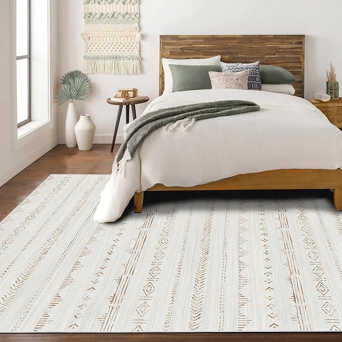Deerly Area Rug 6x9 Machine Washable Rugs for Living Room, Moroccan Boho Farmhouse Area Rug with Non-Slip Backing, Neutral Low Pile Indoor Floor Carpet for Bedroom Dining Room, Light Brown