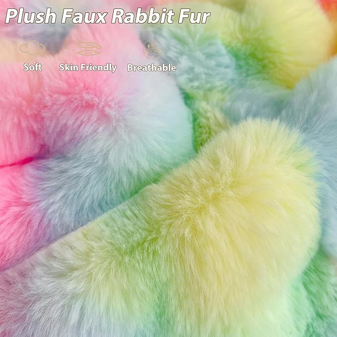 LIFEREVO Faux Rabbit Fur Round Inflatable Pouf Ottoman, 20" X 16" Waffle Bubble Floor Poufs Foot Stool Rest Anti-Slip Living Room Bedroom, Tie Dye Furry Foldable Ottoman Seat Home Decor, Rainbow
