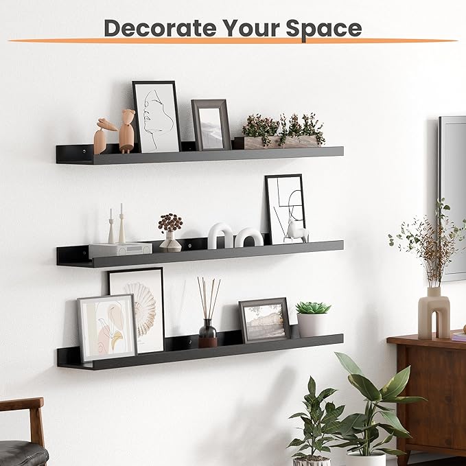 upsimples Floating Shelves for Wall, Wall Shelves for Decor Storage Set of 6, Wall Mounted Wood Shelves for Bedroom, Living Room, Bathroom, Kitchen, 35.5 inch Long Picture Ledge Shelves, Black