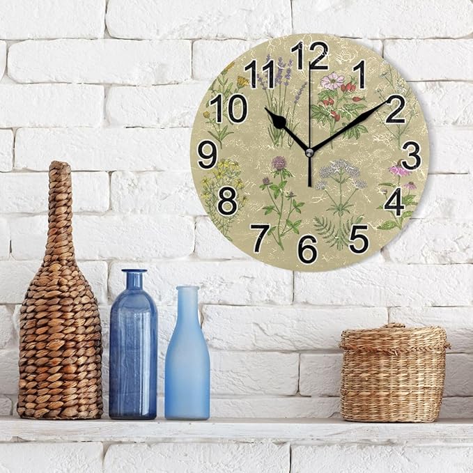 Herbs Botanical Wall Clock Non Ticking Silent Kitchen Clock Large Battery Operated Clocks 10 inch for Living Room Bedroom Decor
