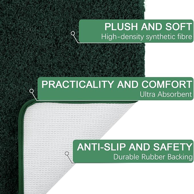 AROGAN Luxury Long Bathroom Runner Rug, 24x48 Inch Thick Soft and Absorbent Non Slip Bath Mat, Rubber Backing Quick Dry Rugs Carpets, Machine Washable Plush Mats for Shower Floor, Deep Green