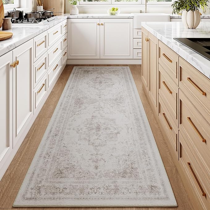 Runner Rug 3x7 Washable Light Gray Hallway Runner Vintage Boho Medallion Non Slip Grey Distressed Retro Carpet Indoor Low Pile Long Soft Rug for Kitchen Entryway Bedroom Bathroom Laundry