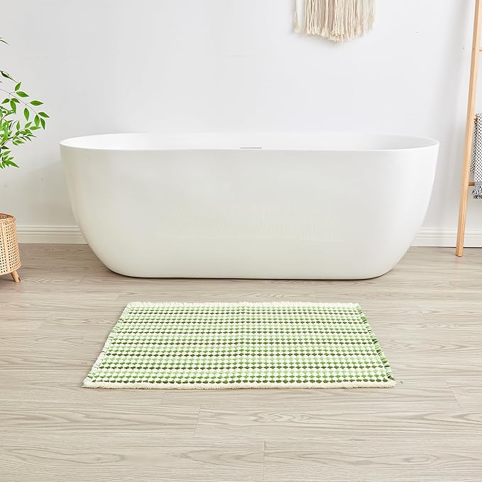 Douceur Boho Bath mat for Bathroom Floor Non Slip, Acrylic Blend Cute Bath Mats with Tassels, Quick Dry Bath mats Machine Washable, 20" x 32", Green