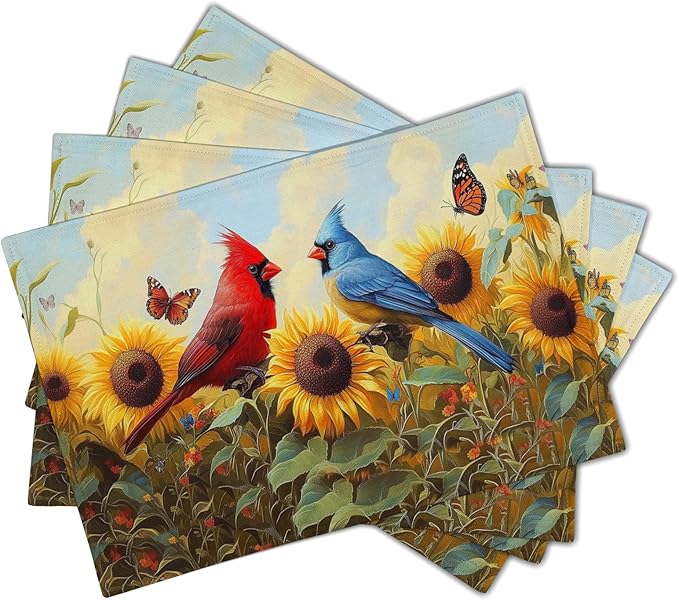 Giwawa Sunflower Birds Placemats Set of 4, Summer Sun Flower Butterflies Linen Place Mat 12x18 Inch, Farmhouse Floral Washable Table Mats Kitchen Dining Tabletop Party Picnic Decor