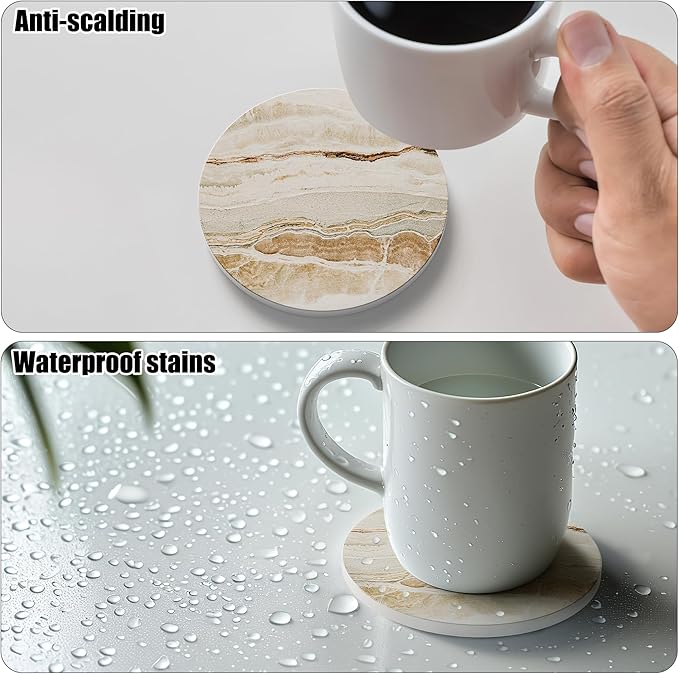 Coasters for Drinks Set of 4, Absorbent Marble with Metal Golden Holder, Ceramic Coaster Set Cup Mat for Home Decor, Bar, Kitchen, Party