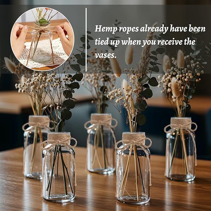 Glass Flower Vases for Centerpieces, 12Pcs Vintage Small Clear Bud Vase for Flowers Mini Crystal Decorative Bottle with Hemp Rope Bows for Housewarming Wedding Birthday Tabletop Decoration